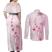 Pink Plumeria Sea Shell Couples Matching Off Shoulder Maxi Dress and Long Sleeve Button Shirt Starfish Polynesian Pattern - Polynesian Pride
