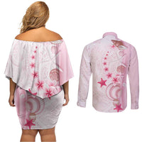 Pink Plumeria Sea Shell Couples Matching Off Shoulder Short Dress and Long Sleeve Button Shirt Starfish Polynesian Pattern - Polynesian Pride