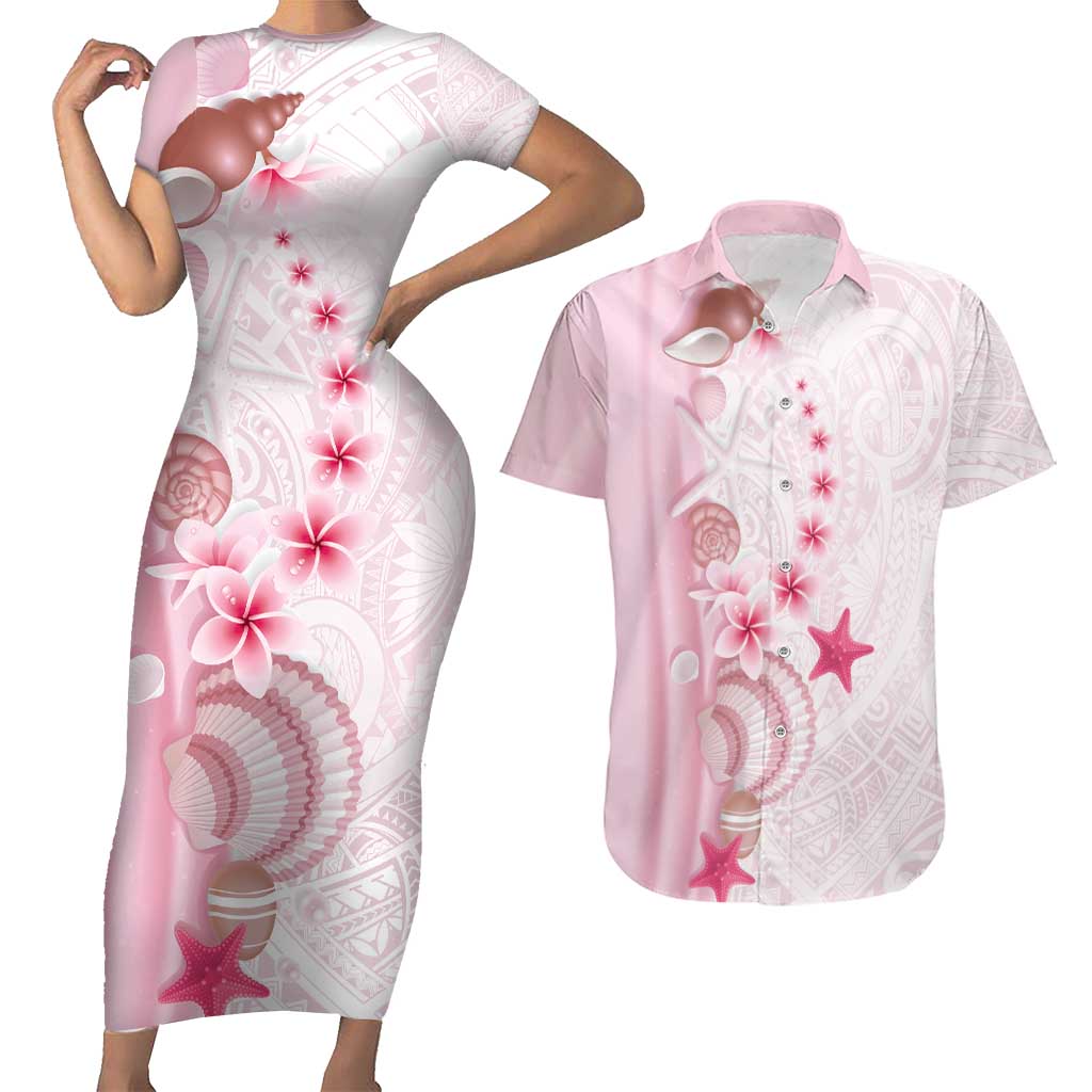 Pink Plumeria Sea Shell Couples Matching Short Sleeve Bodycon Dress and Hawaiian Shirt Starfish Polynesian Pattern - Polynesian Pride