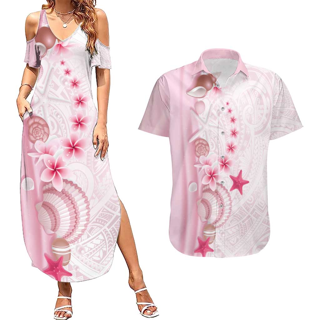 Pink Plumeria Sea Shell Couples Matching Summer Maxi Dress and Hawaiian Shirt Starfish Polynesian Pattern - Polynesian Pride