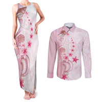 Pink Plumeria Sea Shell Couples Matching Tank Maxi Dress and Long Sleeve Button Shirt Starfish Polynesian Pattern - Polynesian Pride