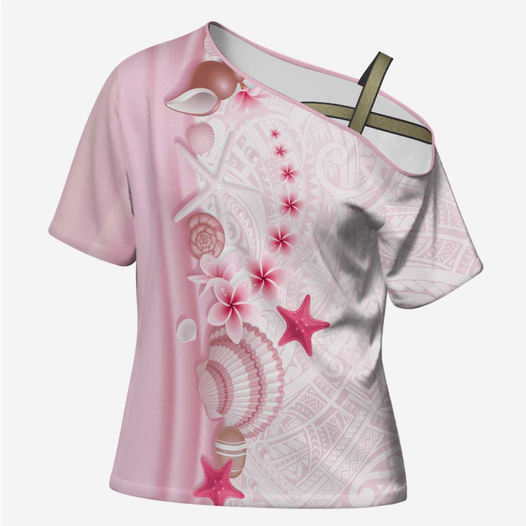 Pink Plumeria Sea Shell Cross Shoulder Shirt Starfish Polynesian Pattern - Polynesian Pride