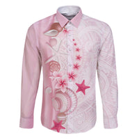 Pink Plumeria Sea Shell Family Matching Off The Shoulder Long Sleeve Dress and Hawaiian Shirt Starfish Polynesian Pattern - Polynesian Pride
