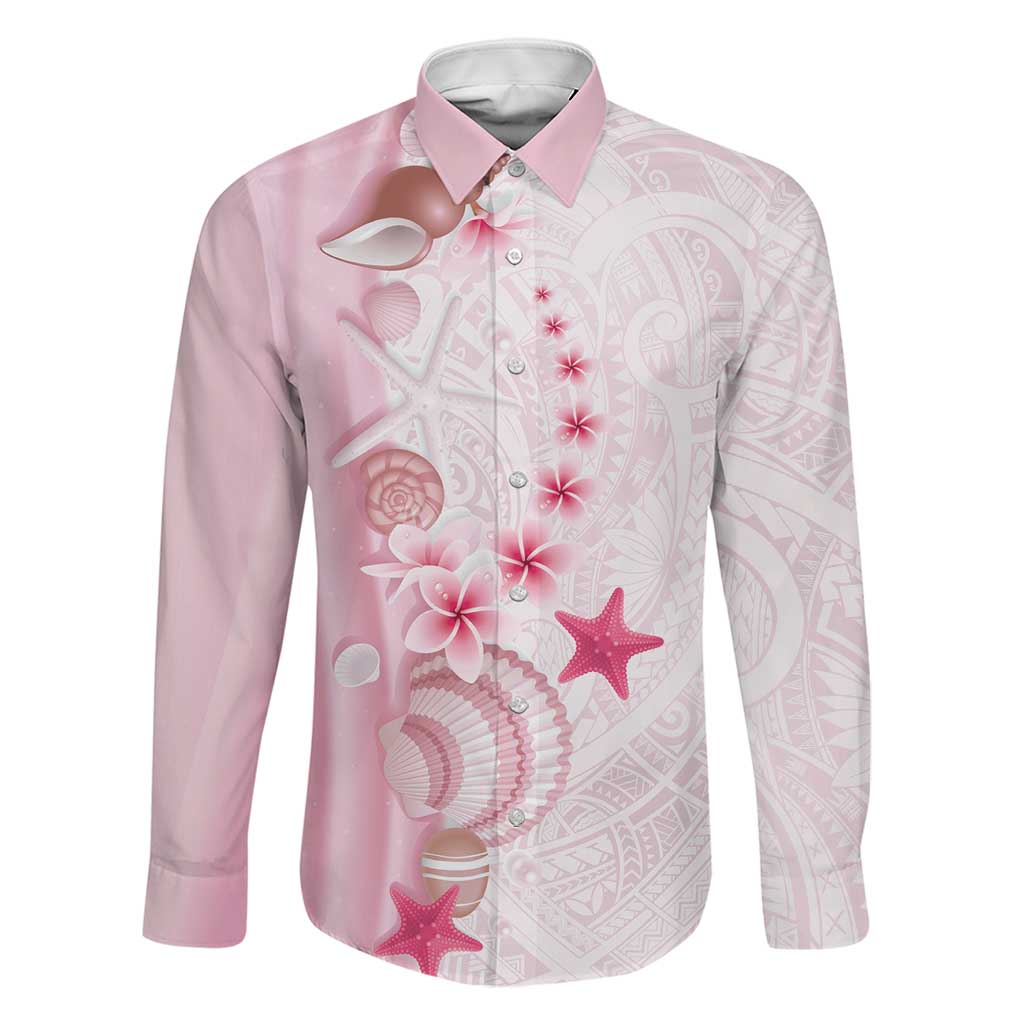 Pink Plumeria Sea Shell Family Matching Off Shoulder Short Dress and Hawaiian Shirt Starfish Polynesian Pattern LT01 Dad's Shirt - Long Sleeve Pink - Polynesian Pride