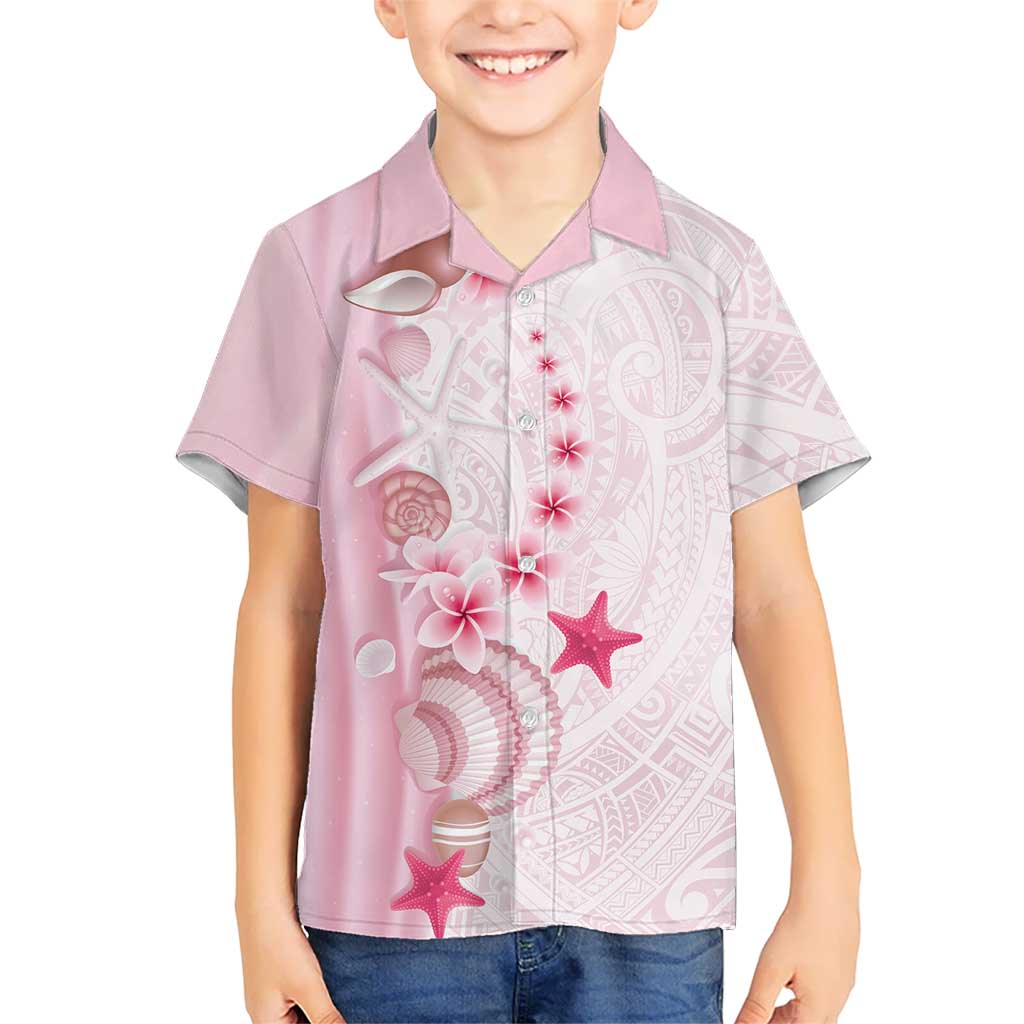 Pink Plumeria Sea Shell Family Matching Off Shoulder Short Dress and Hawaiian Shirt Starfish Polynesian Pattern LT01 Son's Shirt Pink - Polynesian Pride