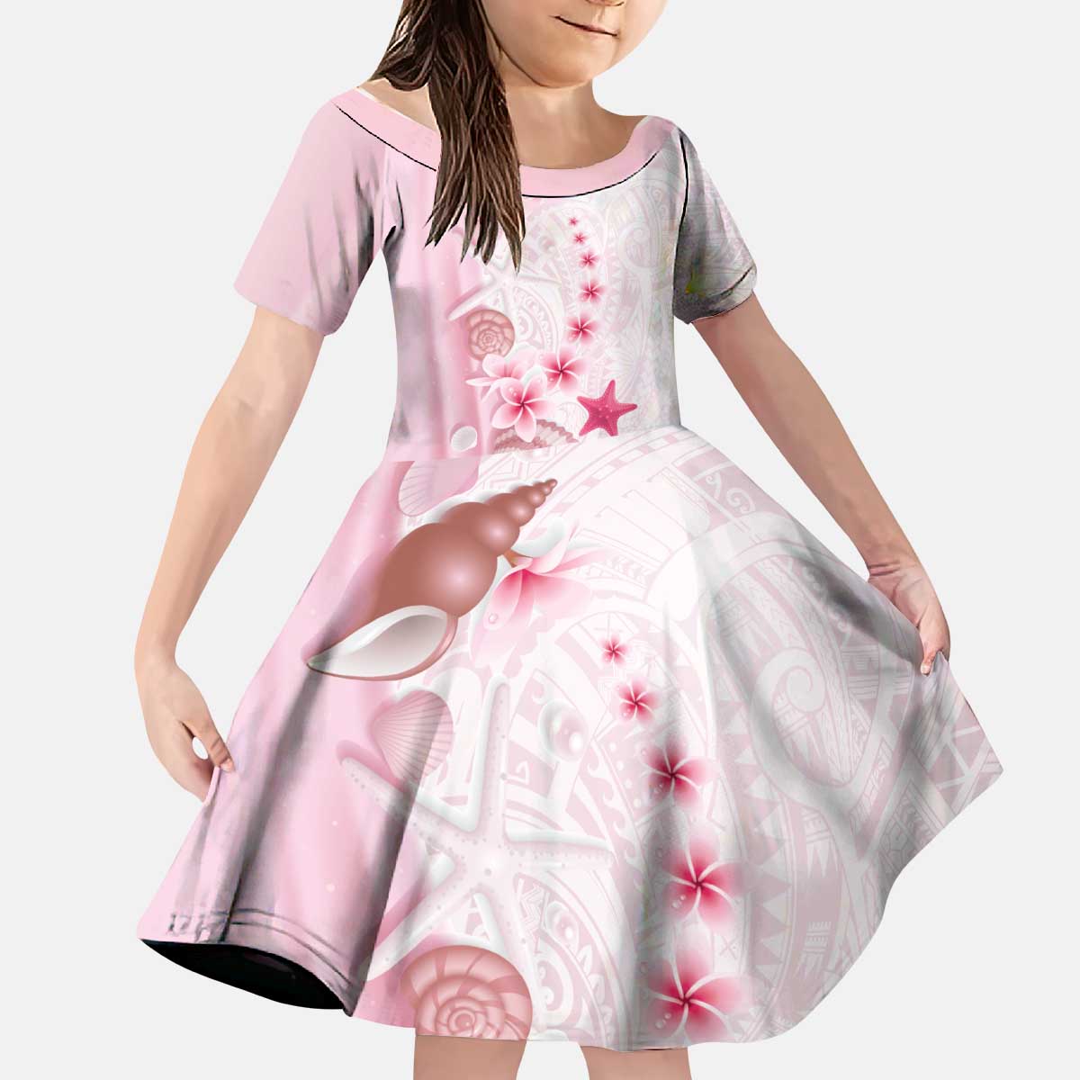 Pink Plumeria Sea Shell Kid Short Sleeve Dress Starfish Polynesian Pattern - Polynesian Pride