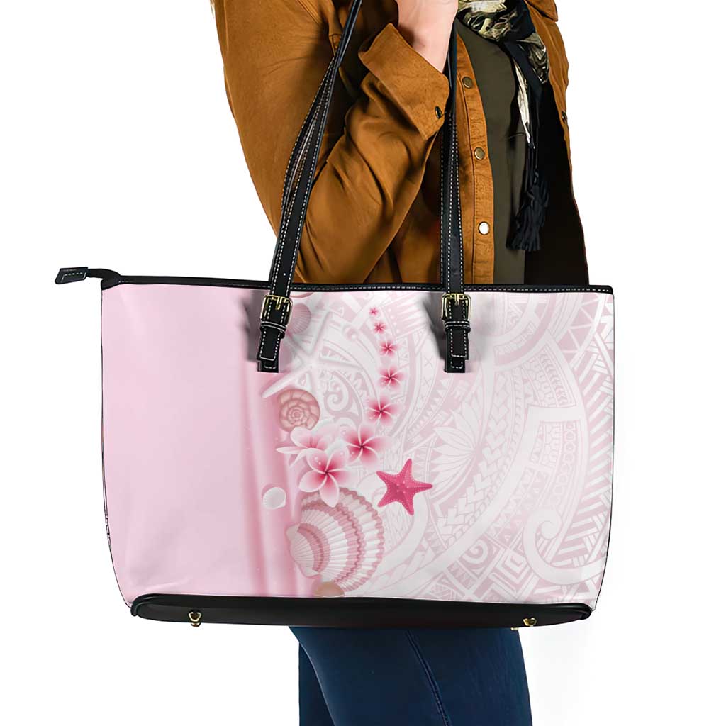 Pink Plumeria Sea Shell Leather Tote Bag Starfish Polynesian Pattern - Polynesian Pride