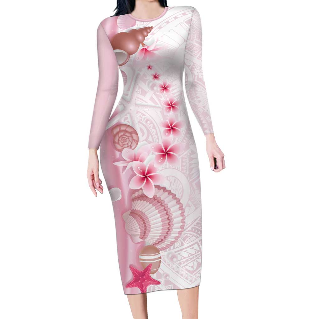 Pink Plumeria Sea Shell Long Sleeve Bodycon Dress Starfish Polynesian Pattern - Polynesian Pride