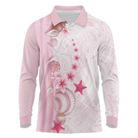 Pink Plumeria Sea Shell Long Sleeve Polo Shirt Starfish Polynesian Pattern - Polynesian Pride