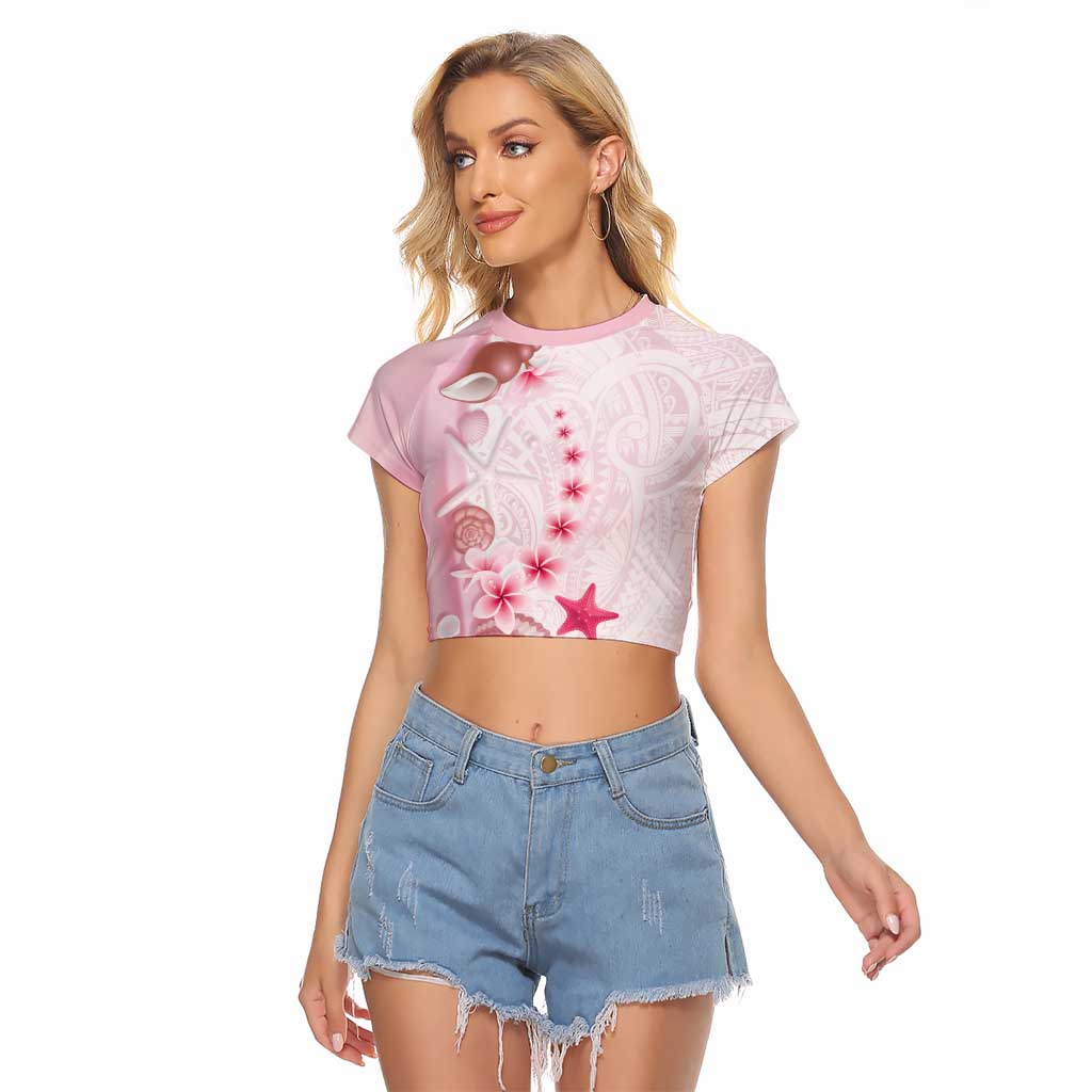 Pink Plumeria Sea Shell Raglan Cropped T Shirt Starfish Polynesian Pattern - Polynesian Pride