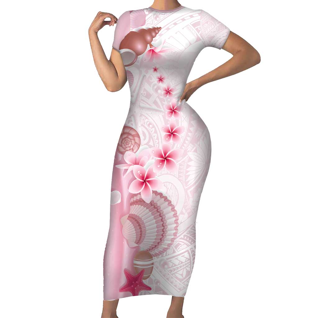 Pink Plumeria Sea Shell Short Sleeve Bodycon Dress Starfish Polynesian Pattern - Polynesian Pride