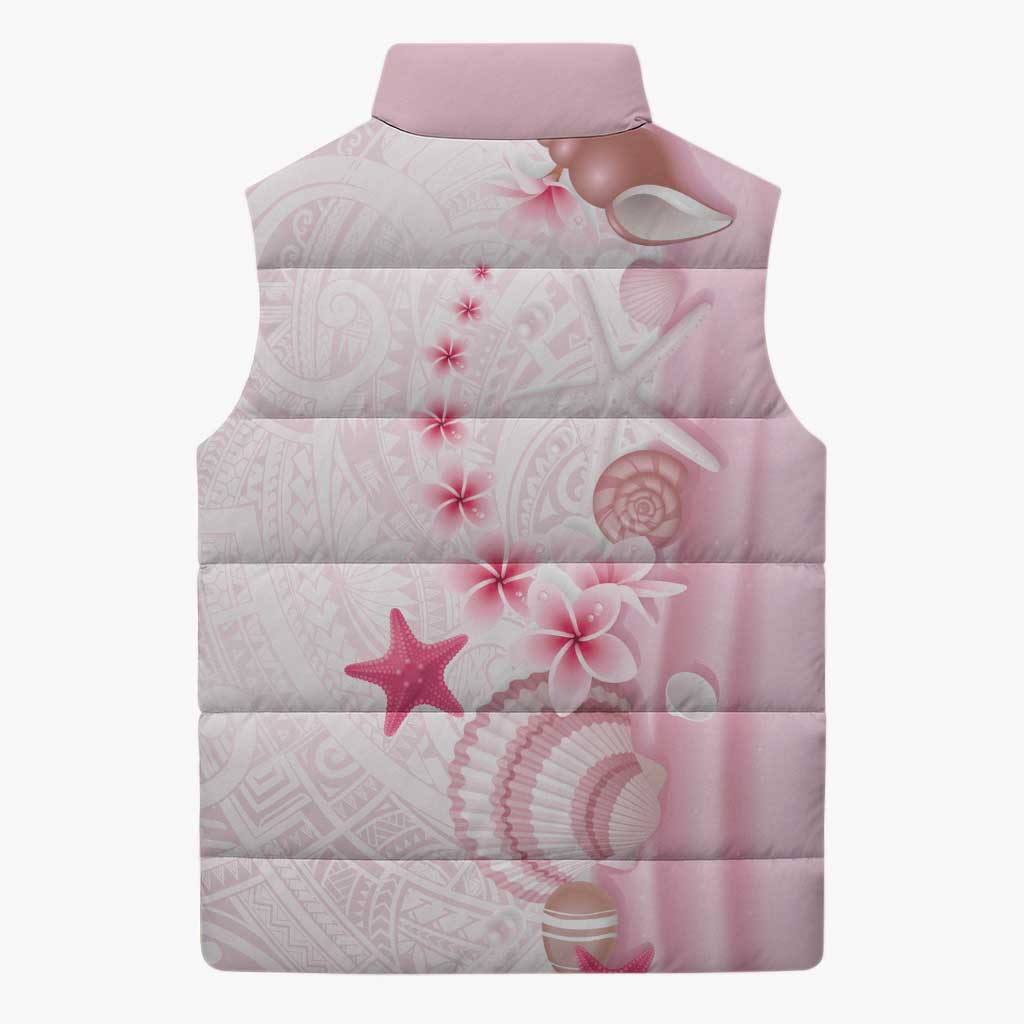 Pink Plumeria Sea Shell Sleeveless Puffer Jacket Starfish Polynesian Pattern - Polynesian Pride