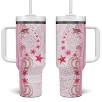 Pink Plumeria Sea Shell Tumbler With Handle Starfish Polynesian Pattern - Polynesian Pride