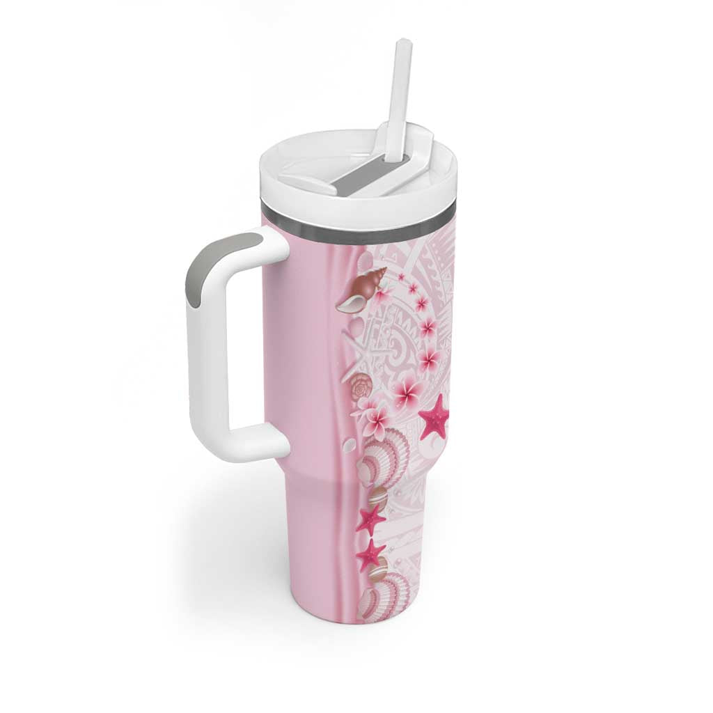 Pink Plumeria Sea Shell Tumbler With Handle Starfish Polynesian Pattern - Polynesian Pride