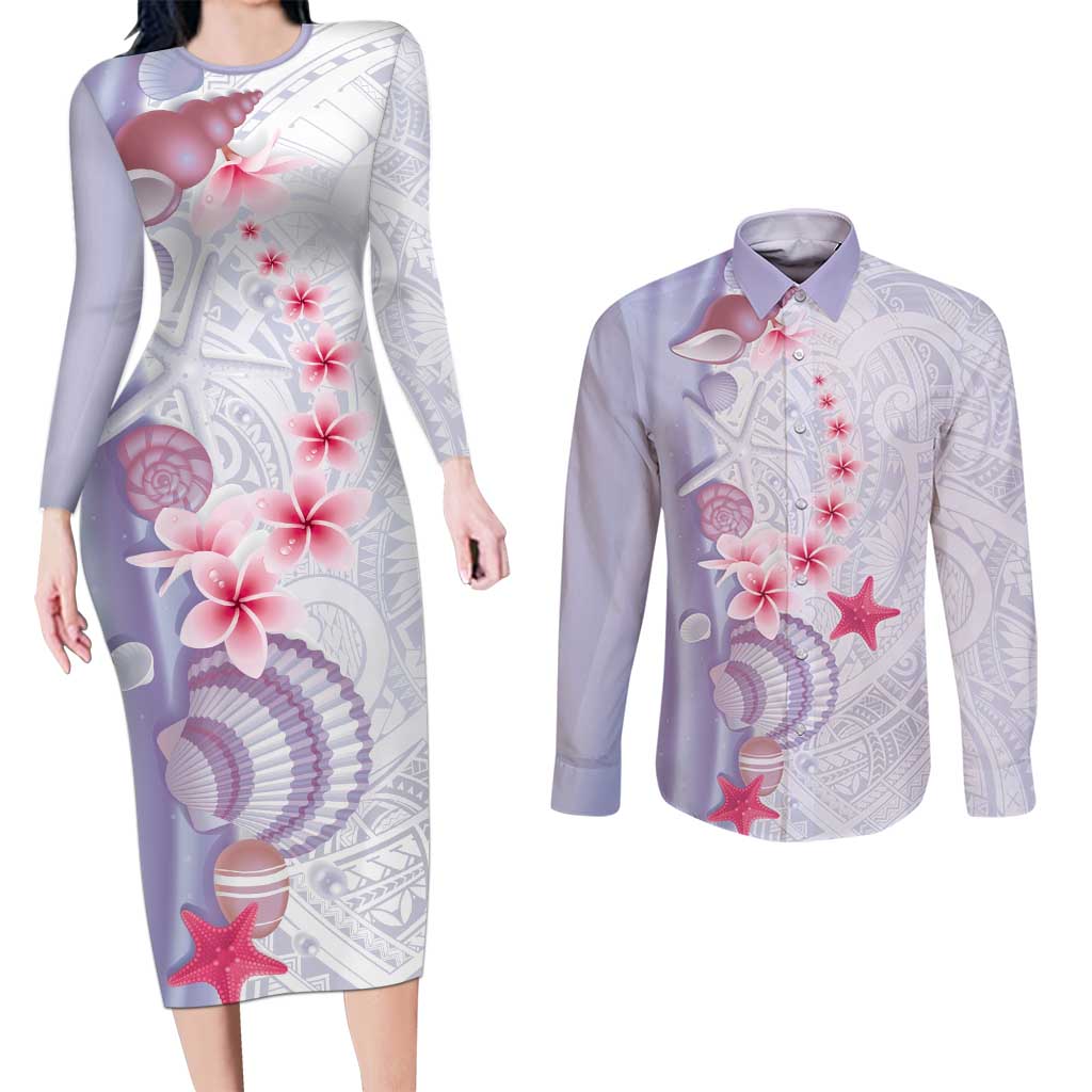 Purple Plumeria Sea Shell Couples Matching Long Sleeve Bodycon Dress and Long Sleeve Button Shirt Starfish Polynesian Pattern - Polynesian Pride
