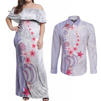 Purple Plumeria Sea Shell Couples Matching Off Shoulder Maxi Dress and Long Sleeve Button Shirt Starfish Polynesian Pattern - Polynesian Pride