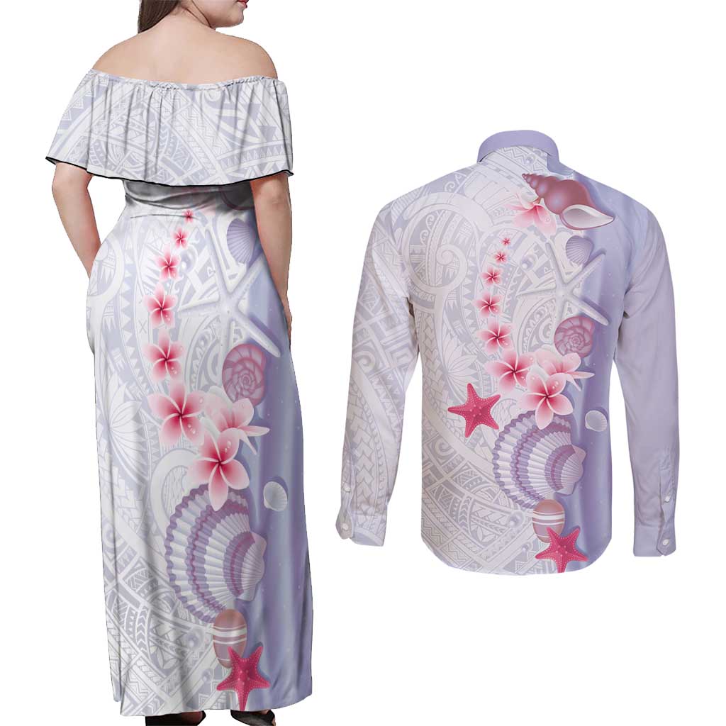 Purple Plumeria Sea Shell Couples Matching Off Shoulder Maxi Dress and Long Sleeve Button Shirt Starfish Polynesian Pattern - Polynesian Pride
