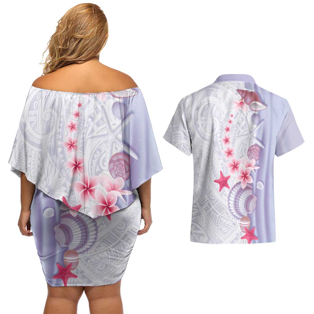 Purple Plumeria Sea Shell Couples Matching Off Shoulder Short Dress and Hawaiian Shirt Starfish Polynesian Pattern - Polynesian Pride