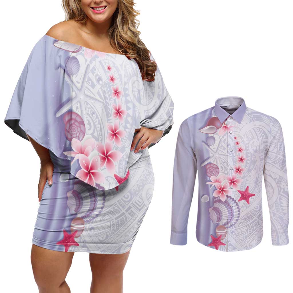 Purple Plumeria Sea Shell Couples Matching Off Shoulder Short Dress and Long Sleeve Button Shirt Starfish Polynesian Pattern - Polynesian Pride