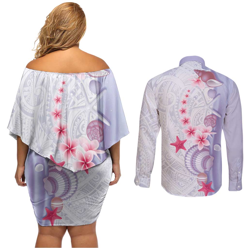 Purple Plumeria Sea Shell Couples Matching Off Shoulder Short Dress and Long Sleeve Button Shirt Starfish Polynesian Pattern - Polynesian Pride
