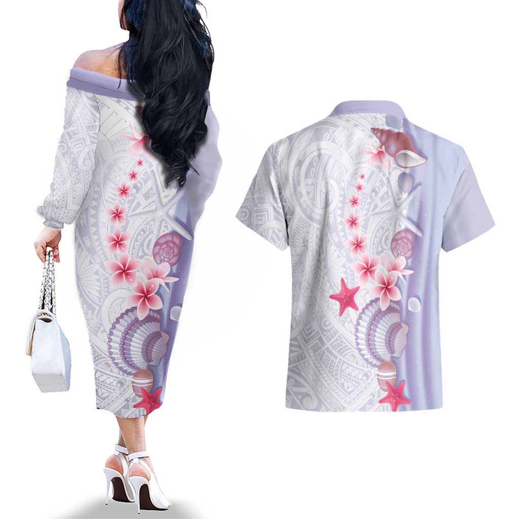 Purple Plumeria Sea Shell Couples Matching Off The Shoulder Long Sleeve Dress and Hawaiian Shirt Starfish Polynesian Pattern - Polynesian Pride
