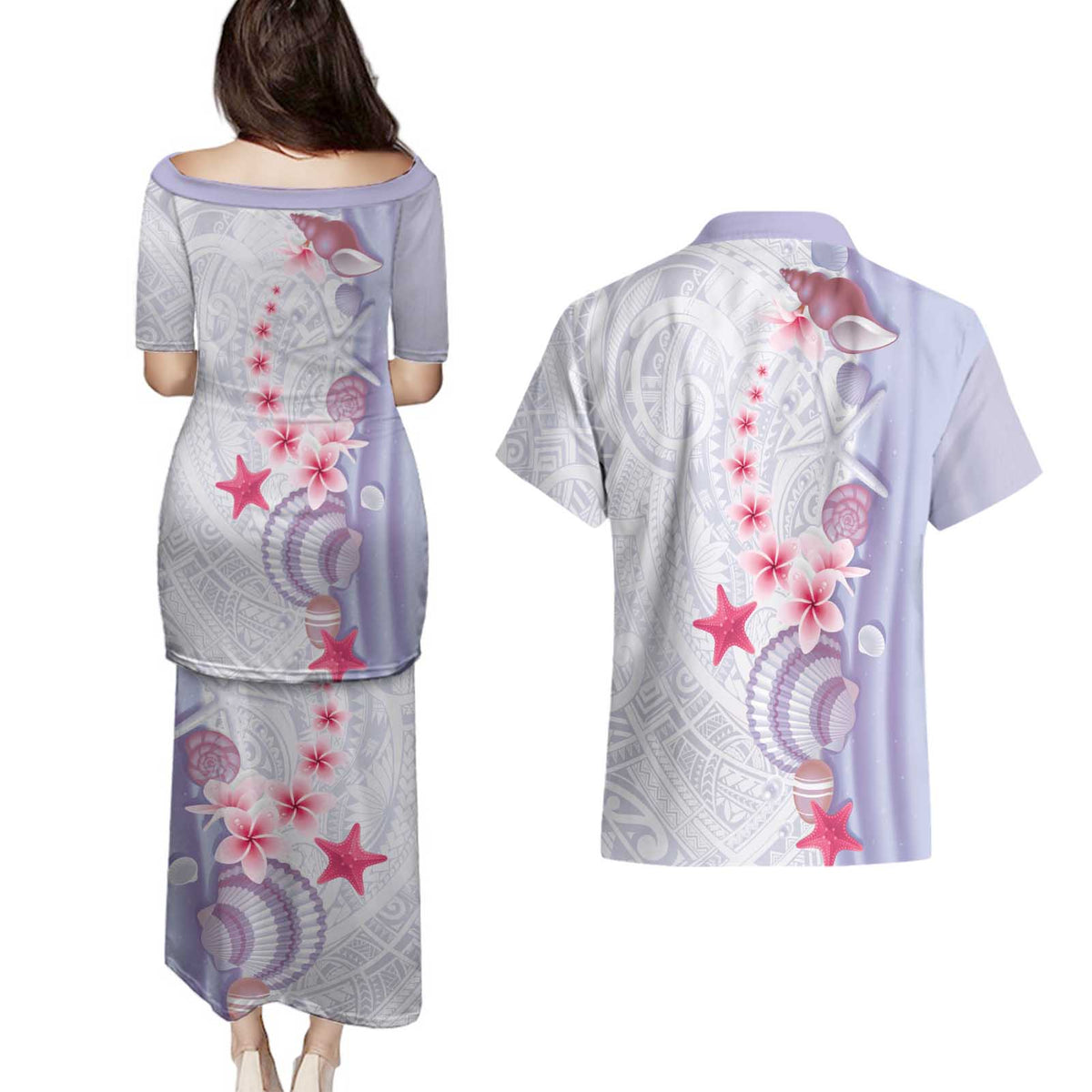 Purple Plumeria Sea Shell Couples Matching Puletasi and Hawaiian Shirt Starfish Polynesian Pattern - Polynesian Pride