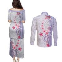 Purple Plumeria Sea Shell Couples Matching Puletasi and Long Sleeve Button Shirt Starfish Polynesian Pattern - Polynesian Pride