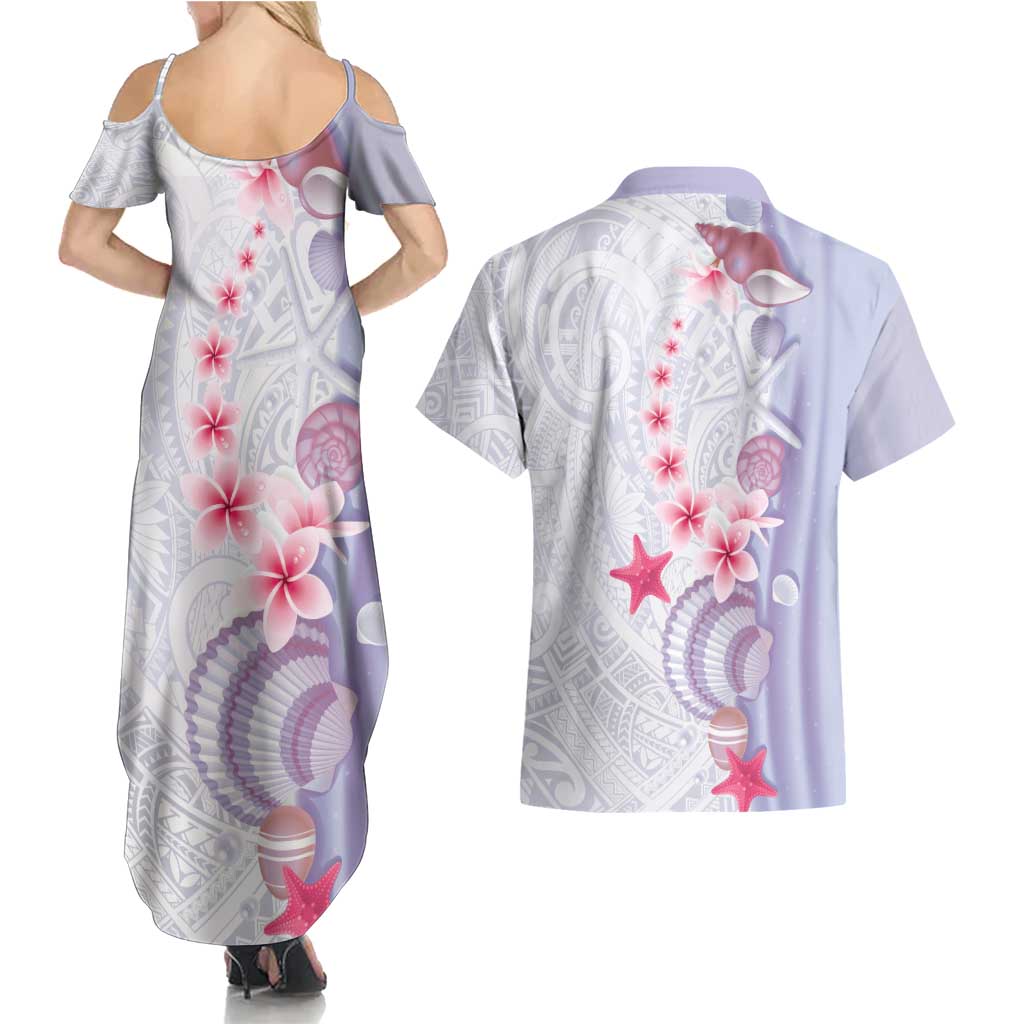 Purple Plumeria Sea Shell Couples Matching Summer Maxi Dress and Hawaiian Shirt Starfish Polynesian Pattern - Polynesian Pride