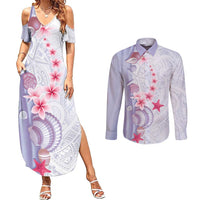 Purple Plumeria Sea Shell Couples Matching Summer Maxi Dress and Long Sleeve Button Shirt Starfish Polynesian Pattern - Polynesian Pride