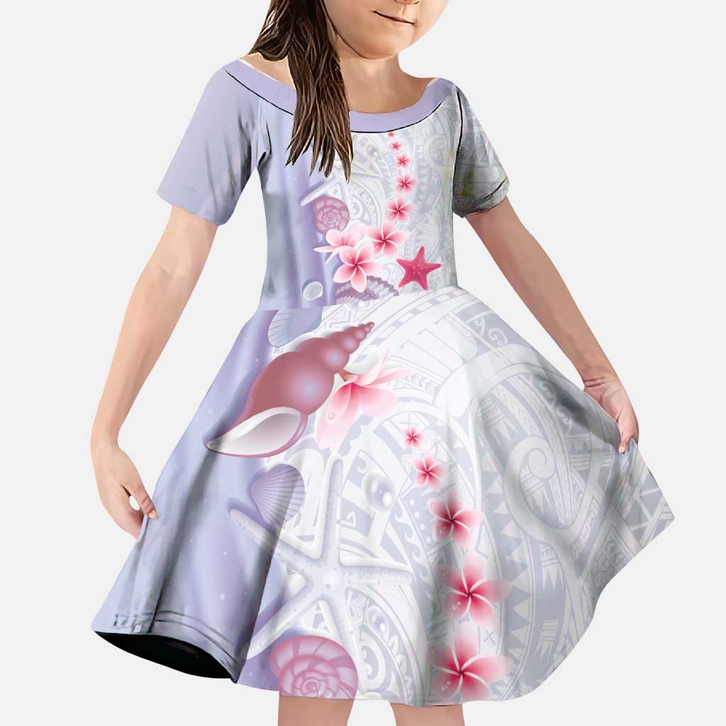 Purple Plumeria Sea Shell Family Matching Off Shoulder Maxi Dress and Hawaiian Shirt Starfish Polynesian Pattern LT01 Daughter's Dress Purple - Polynesian Pride