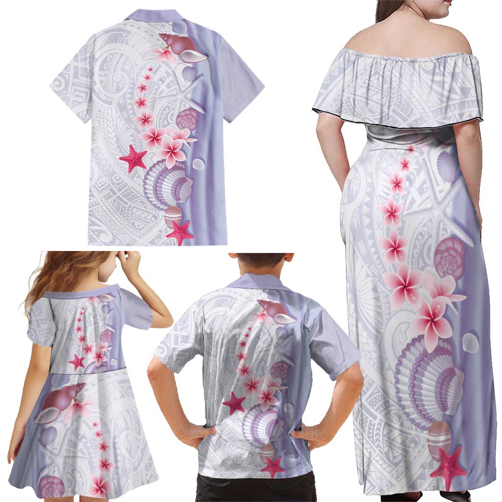 Purple Plumeria Sea Shell Family Matching Off Shoulder Maxi Dress and Hawaiian Shirt Starfish Polynesian Pattern LT01 - Polynesian Pride