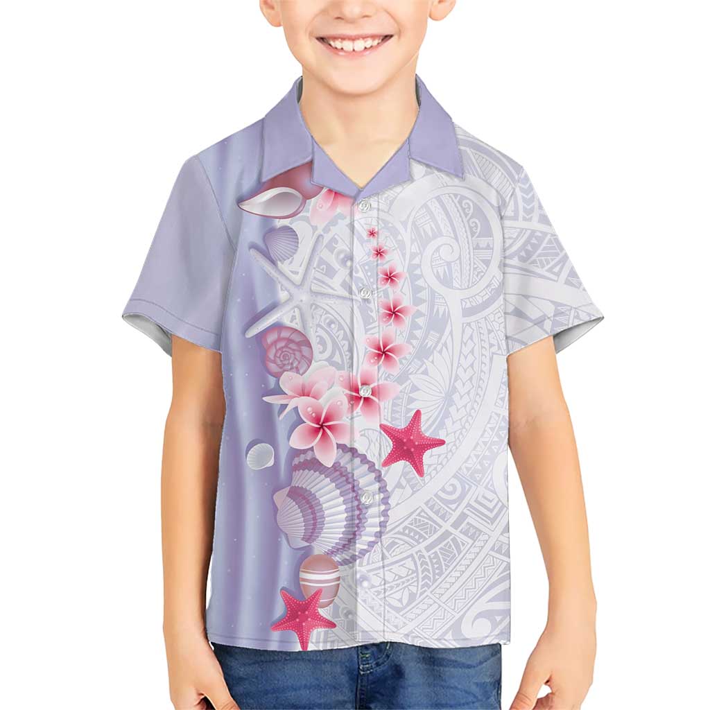Purple Plumeria Sea Shell Family Matching Off Shoulder Maxi Dress and Hawaiian Shirt Starfish Polynesian Pattern LT01 Son's Shirt Purple - Polynesian Pride