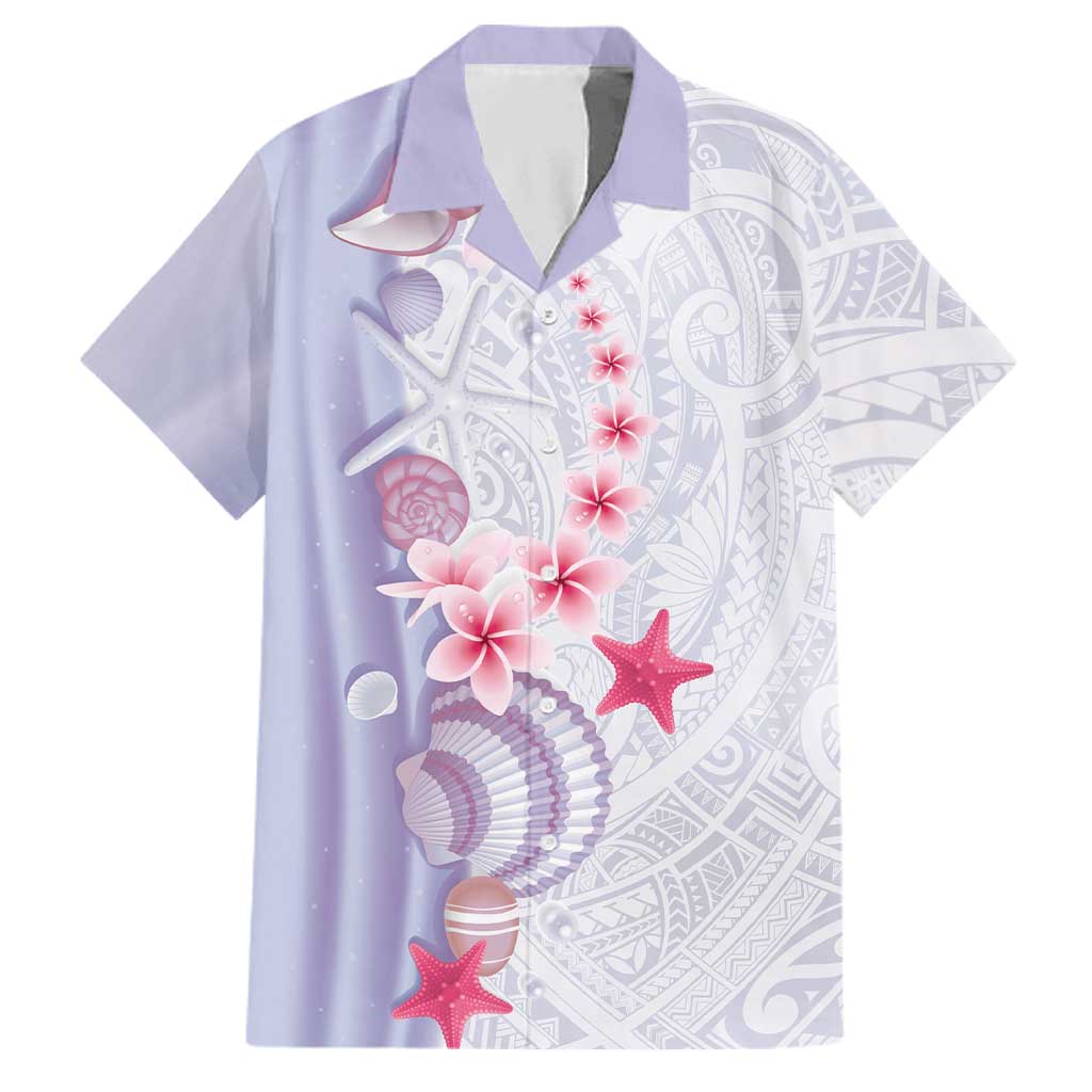 Purple Plumeria Sea Shell Family Matching Off Shoulder Short Dress and Hawaiian Shirt Starfish Polynesian Pattern LT01 Dad's Shirt - Short Sleeve Purple - Polynesian Pride