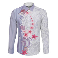 Purple Plumeria Sea Shell Family Matching Off Shoulder Short Dress and Hawaiian Shirt Starfish Polynesian Pattern LT01 Dad's Shirt - Long Sleeve Purple - Polynesian Pride