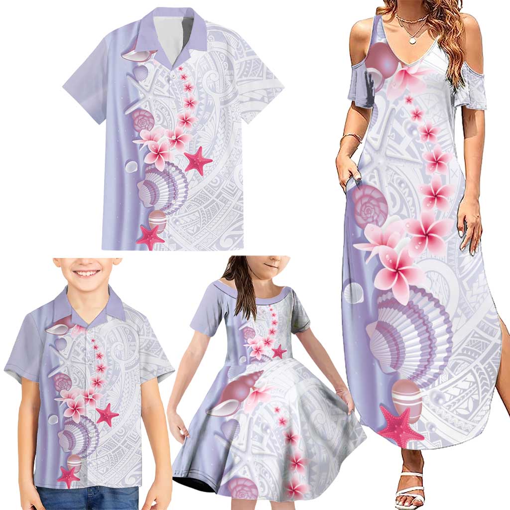 Purple Plumeria Sea Shell Family Matching Summer Maxi Dress and Hawaiian Shirt Starfish Polynesian Pattern LT01 - Polynesian Pride