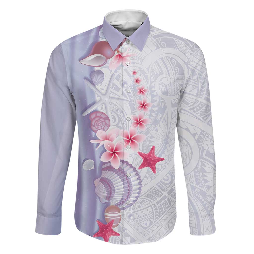 Purple Plumeria Sea Shell Family Matching Summer Maxi Dress and Hawaiian Shirt Starfish Polynesian Pattern LT01 Dad's Shirt - Long Sleeve Purple - Polynesian Pride