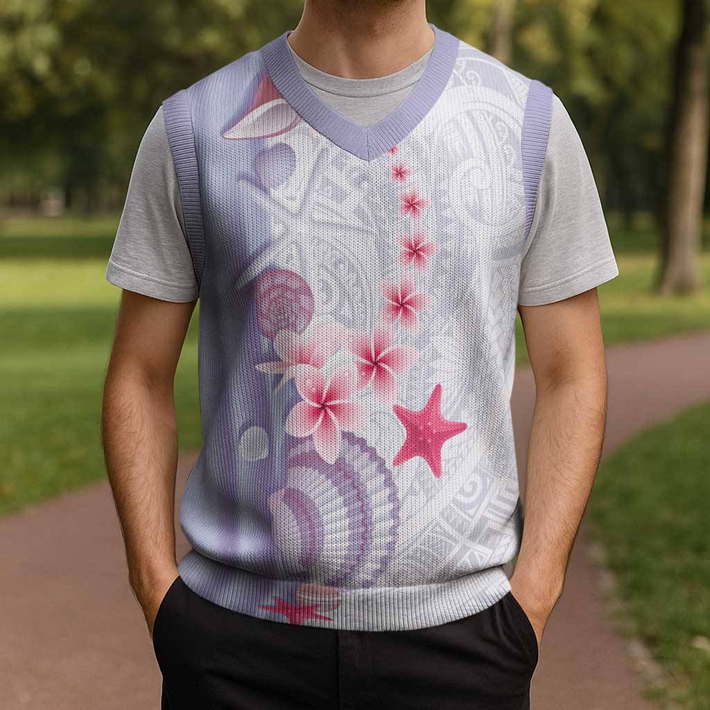 Purple Plumeria Sea Shell Christmas Knitted V-Neck Vest Starfish Polynesian Pattern - Polynesian Pride