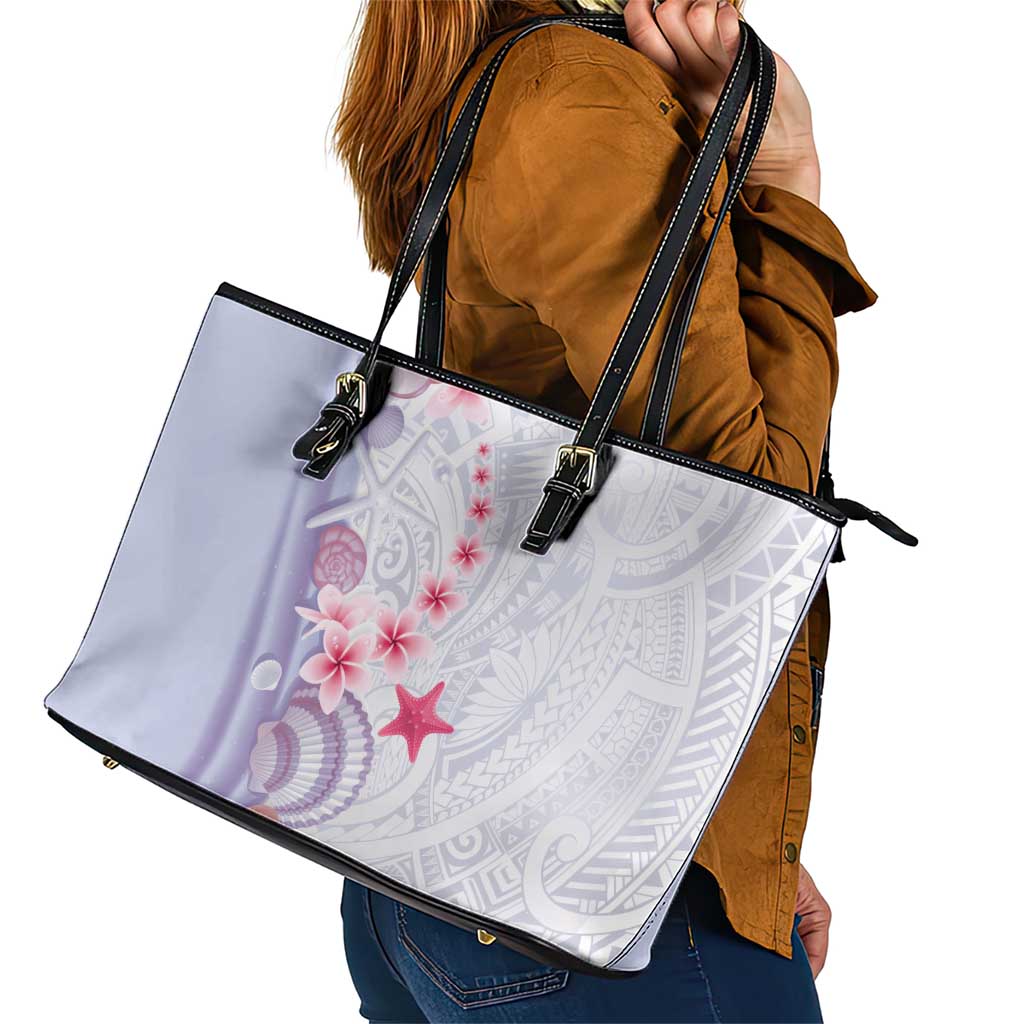 Purple Plumeria Sea Shell Leather Tote Bag Starfish Polynesian Pattern - Polynesian Pride