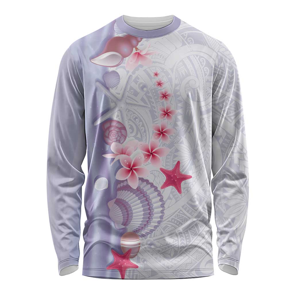 Purple Plumeria Sea Shell Long Sleeve Shirt Starfish Polynesian Pattern - Polynesian Pride