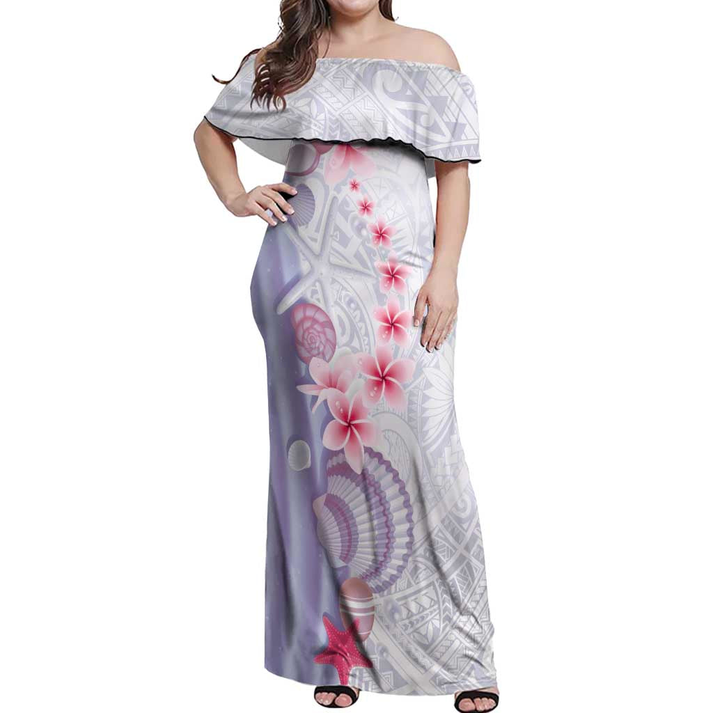 Purple Plumeria Sea Shell Off Shoulder Maxi Dress Starfish Polynesian Pattern - Polynesian Pride