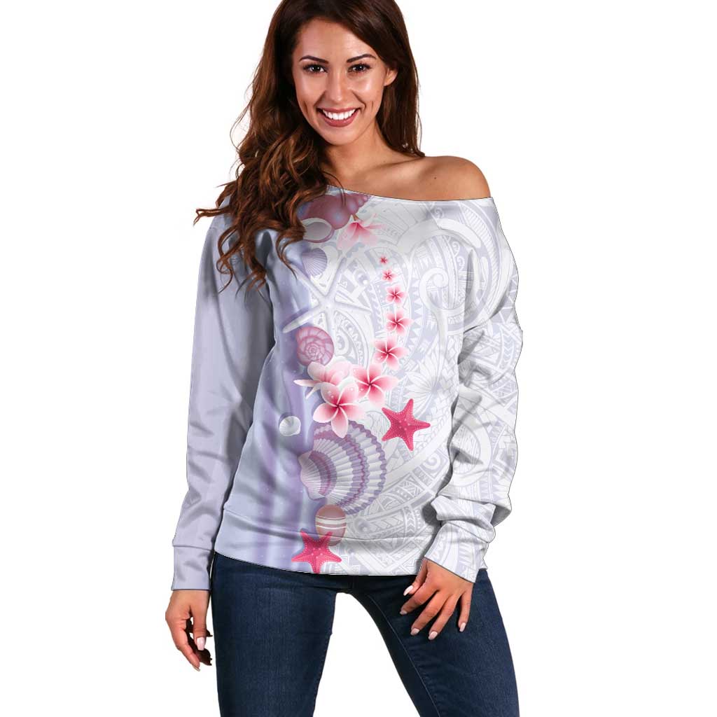 Purple Plumeria Sea Shell Off Shoulder Sweater Starfish Polynesian Pattern - Polynesian Pride