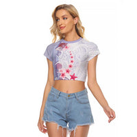 Purple Plumeria Sea Shell Raglan Cropped T Shirt Starfish Polynesian Pattern - Polynesian Pride