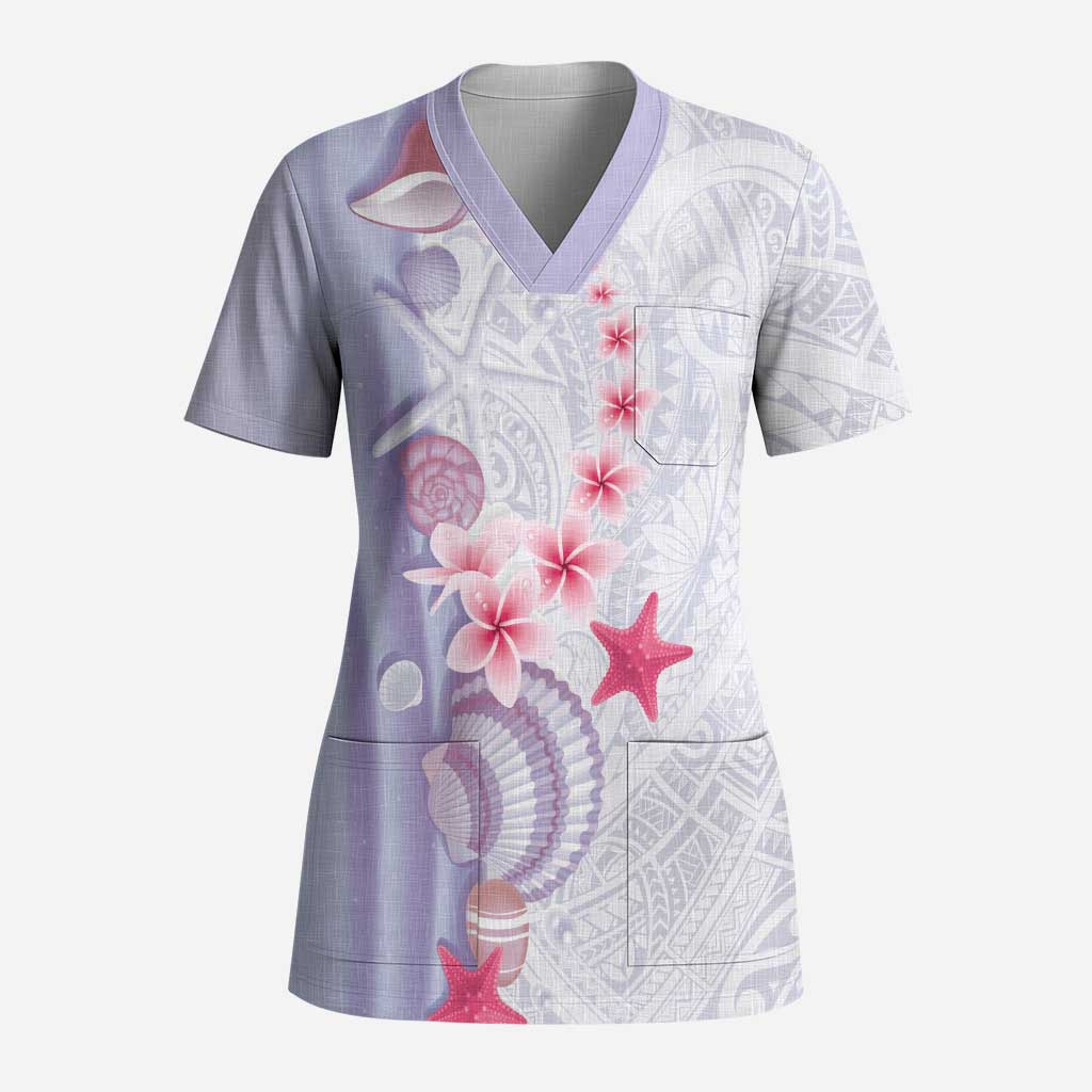 Purple Plumeria Sea Shell Scrub Top Starfish Polynesian Pattern - Polynesian Pride