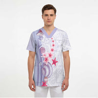 Purple Plumeria Sea Shell Scrub Top Starfish Polynesian Pattern - Polynesian Pride