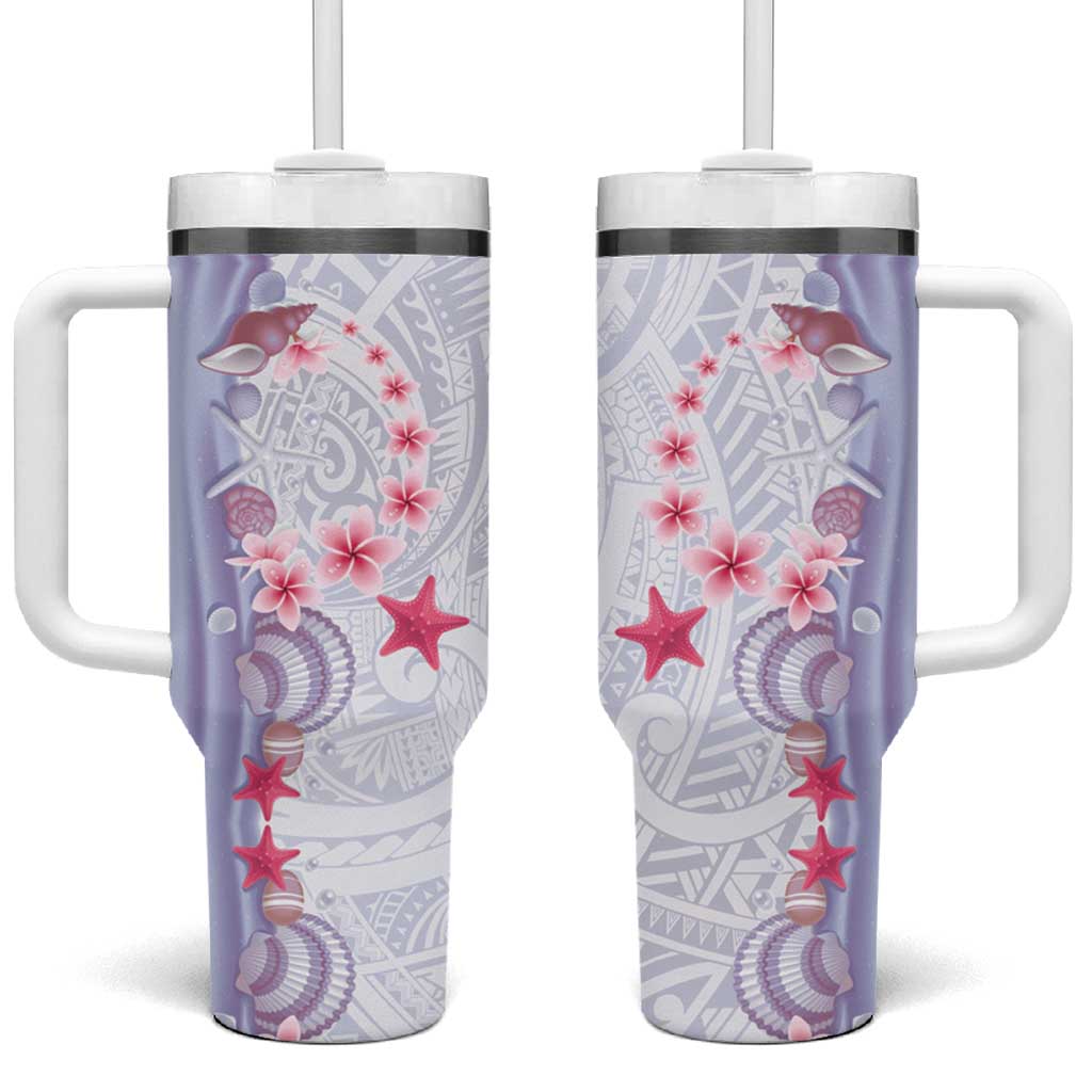 Purple Plumeria Sea Shell Tumbler With Handle Starfish Polynesian Pattern - Polynesian Pride