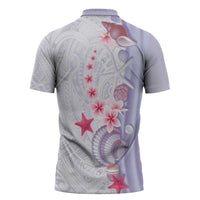 Purple Plumeria Sea Shell Zipper Polo Shirt Starfish Polynesian Pattern - Polynesian Pride