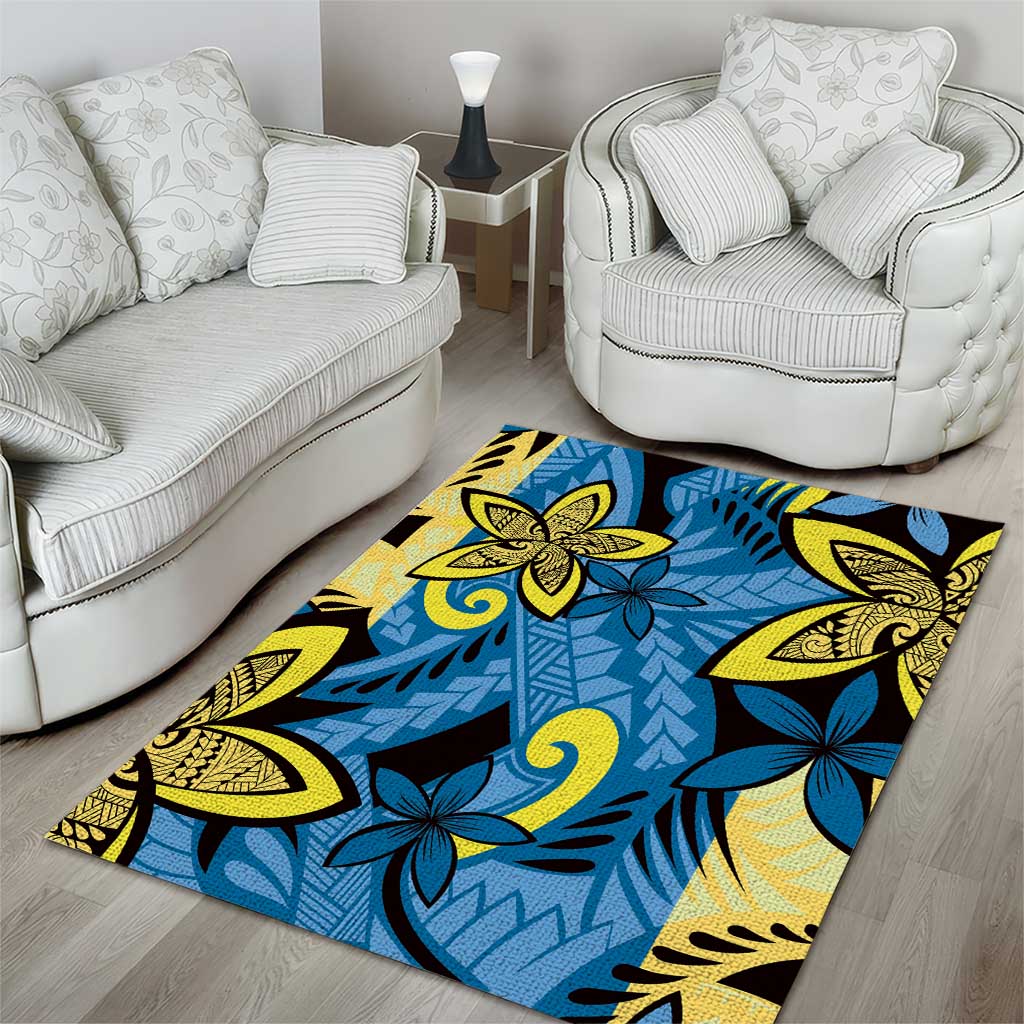 Plumeria Polynesian Pattern Area Rug Unique Fantasy Blue Yellow