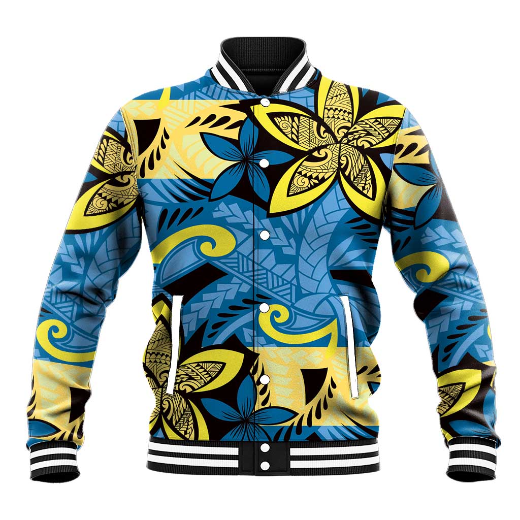 Plumeria Polynesian Pattern Baseball Jacket Unique Fantasy Blue Yellow