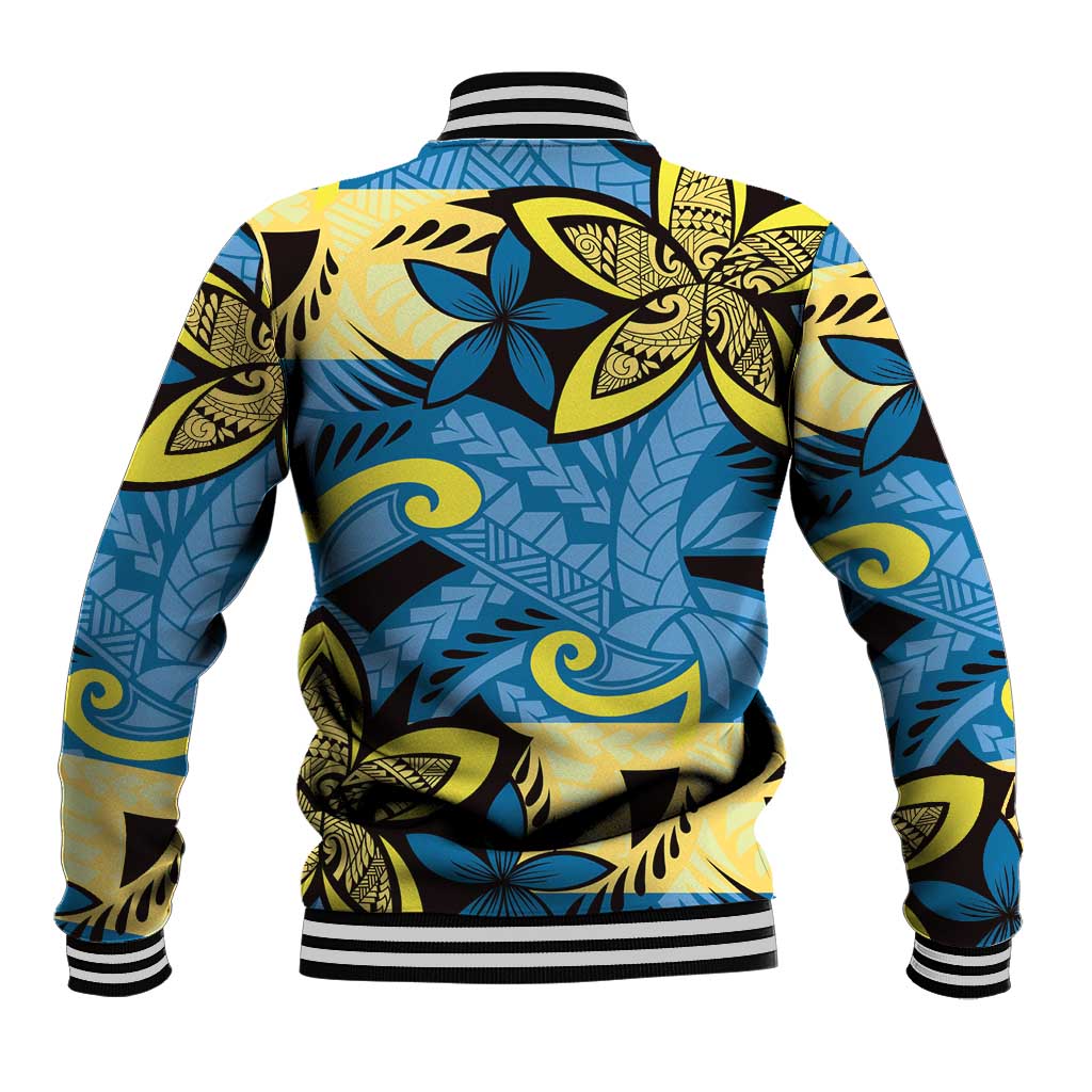 Plumeria Polynesian Pattern Baseball Jacket Unique Fantasy Blue Yellow