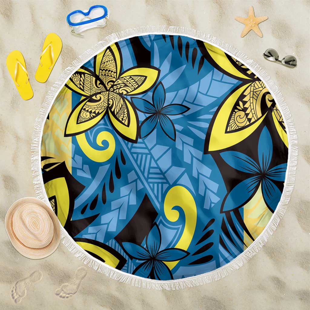 Plumeria Polynesian Pattern Beach Blanket Unique Fantasy Blue Yellow